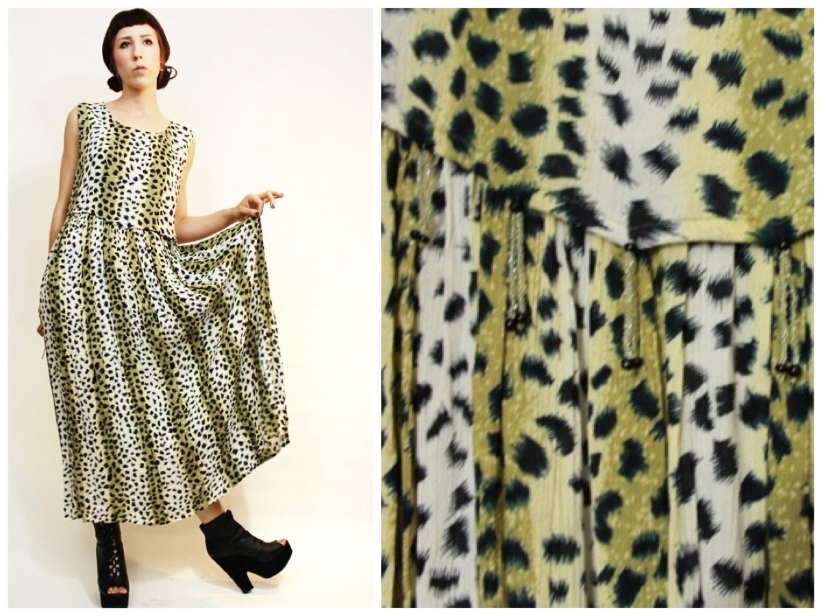 Vintage 90s Leopard Maxi With Glass Bead fringe detail on Top S/M