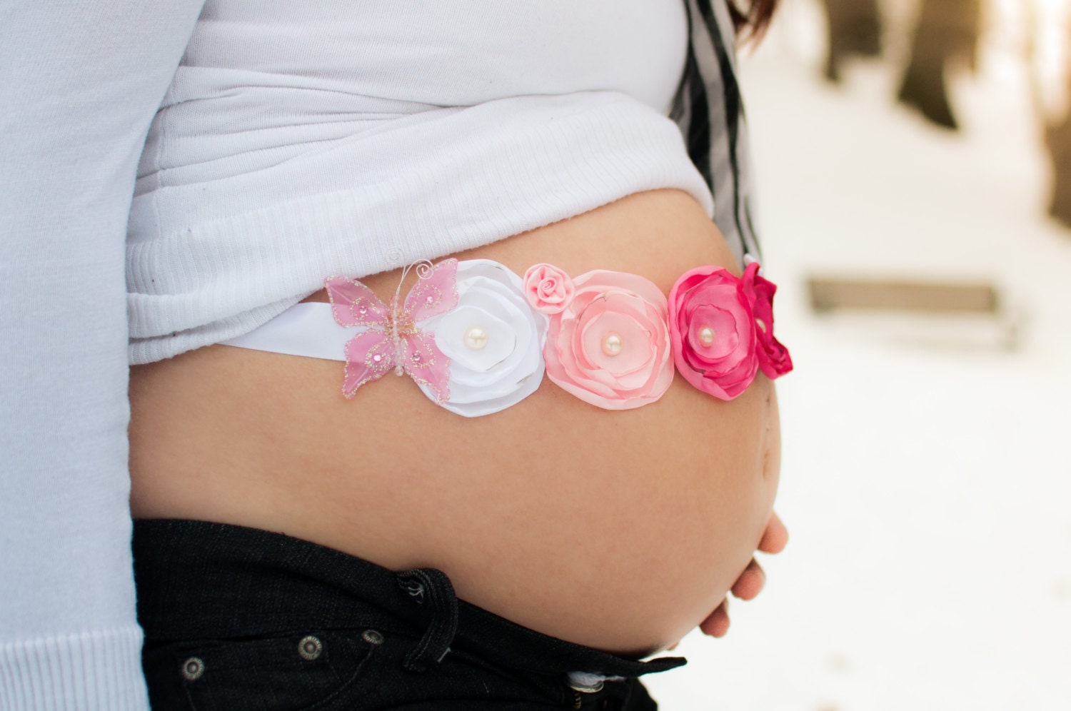 Baby Girl Pretty in Pink Maternity Sash Newborn Photo Prop Belly Band - Baby Shower Gift - Princess - Satin Singed