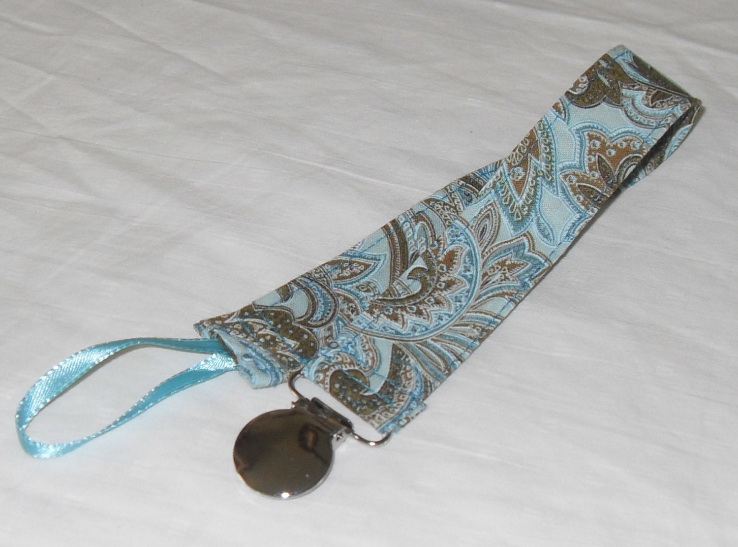 Keepsake Calico Paisley Aqua & Brown Pacifier Clip