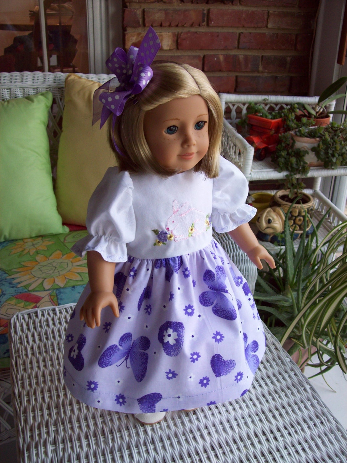 American Girl doll  18 inch doll dress  Purple hearts and butterflies with embroidered rabbit