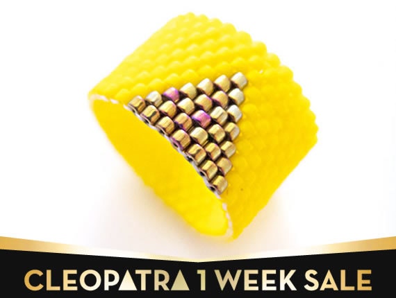 Yellow Beaded Ring, Gold Triangle Ring, Geometric Ring, Bold Statement Ring, Gold Triangle Ring, Cleopatra Style, OOAK by JeannieRichard