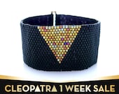 Black Cuff Bracelet, Beaded Bracelet, Gold Triangle Arrow Cuff, Geometric Beaded Cuff, Art Deco Bracelet, Handmade by JeannieRichard