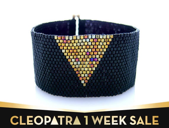Black Cuff Bracelet, Beaded Bracelet, Gold Triangle Arrow Cuff, Geometric Beaded Cuff, Art Deco Bracelet, Handmade by JeannieRichard