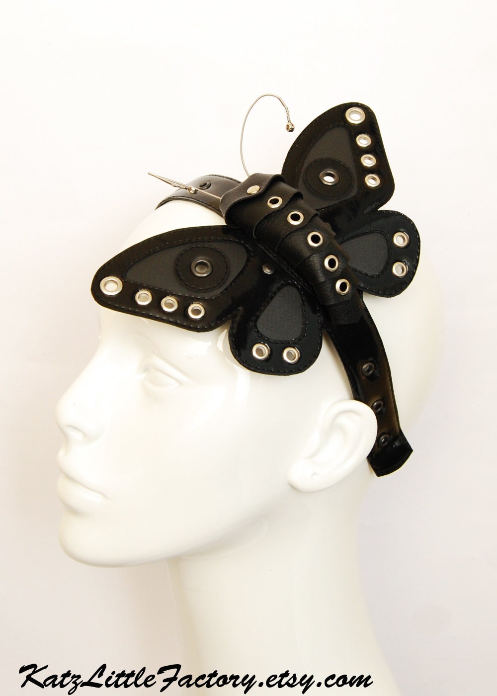 Shiny Black and Matt Black PVC and leather Butterfly headband with studs and guitar strings fascinator