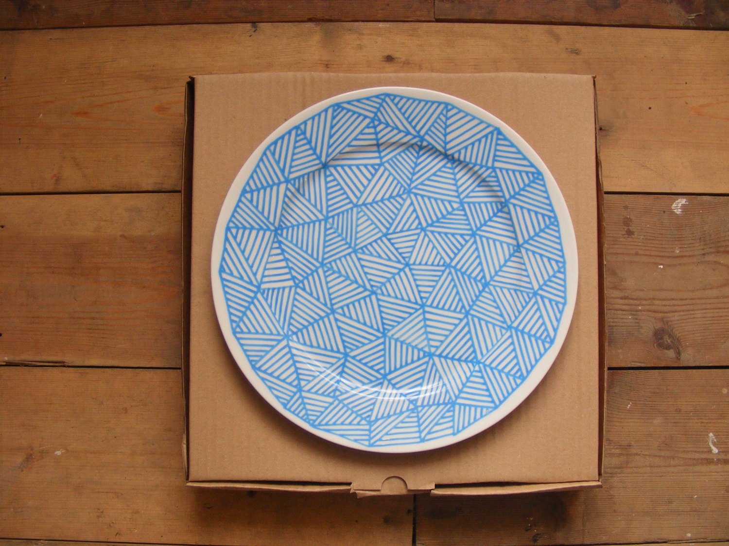 One-off Hand Drawn Patterned Porcelain Plate Sky Blue 27cm diameter