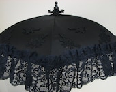 VICTORIAN PARASOL in Black Satin with Wide Vintage Black Lace and Embroidered Black Lace Appliques