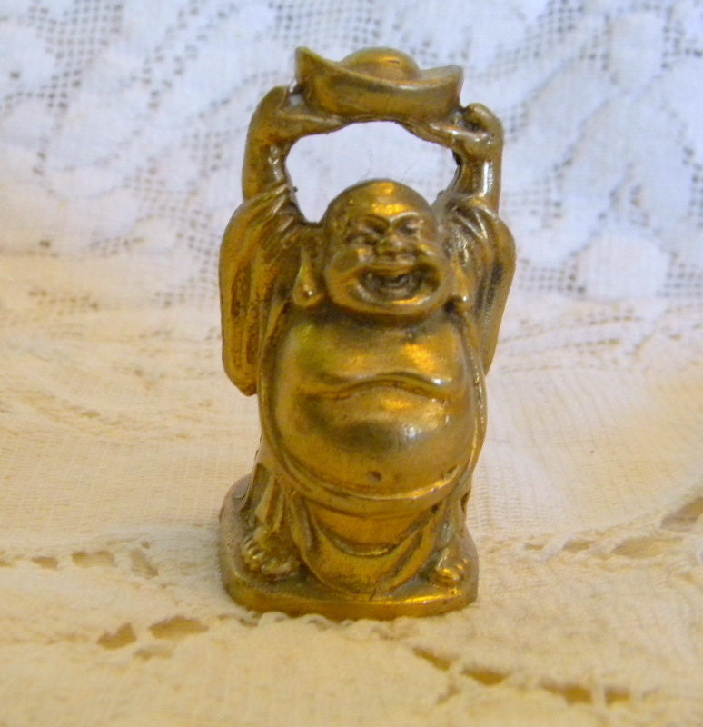 Happy brass buddha miniature vintage figurine sized for dollhouse garden or home