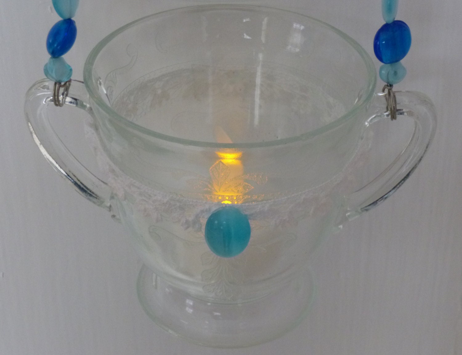 Romantic Hanging Votive,  Blue Beads White Lace