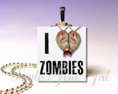 I love Zombies Necklace Pendant - Zombie Ear - Dead Walking Undead - Wood Scrabble Tile (ball chain sold separately)