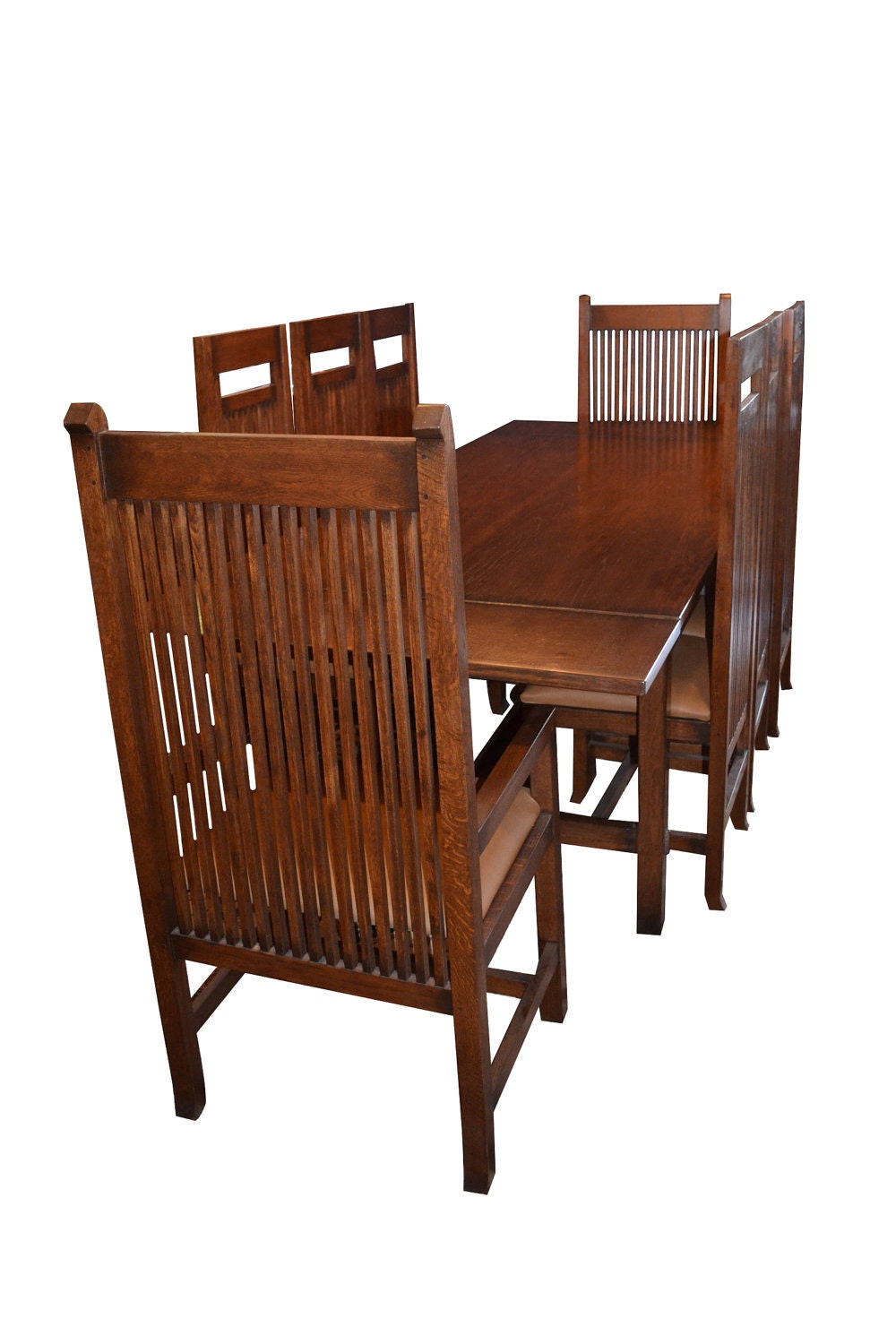 Arts and Crafts Mission Oak Dining Table with 2 leaves and 8 high back chairs