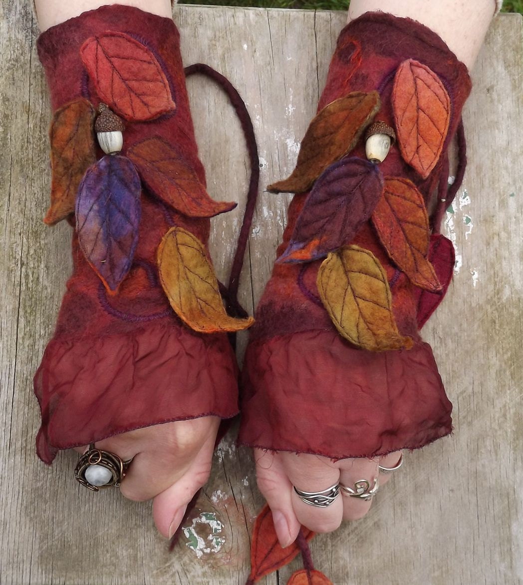Summer Fruits and Berries Felt Faery Cuffs - nuno felt cuffs-  pixie gloves - forest gloves -  fairy costume
