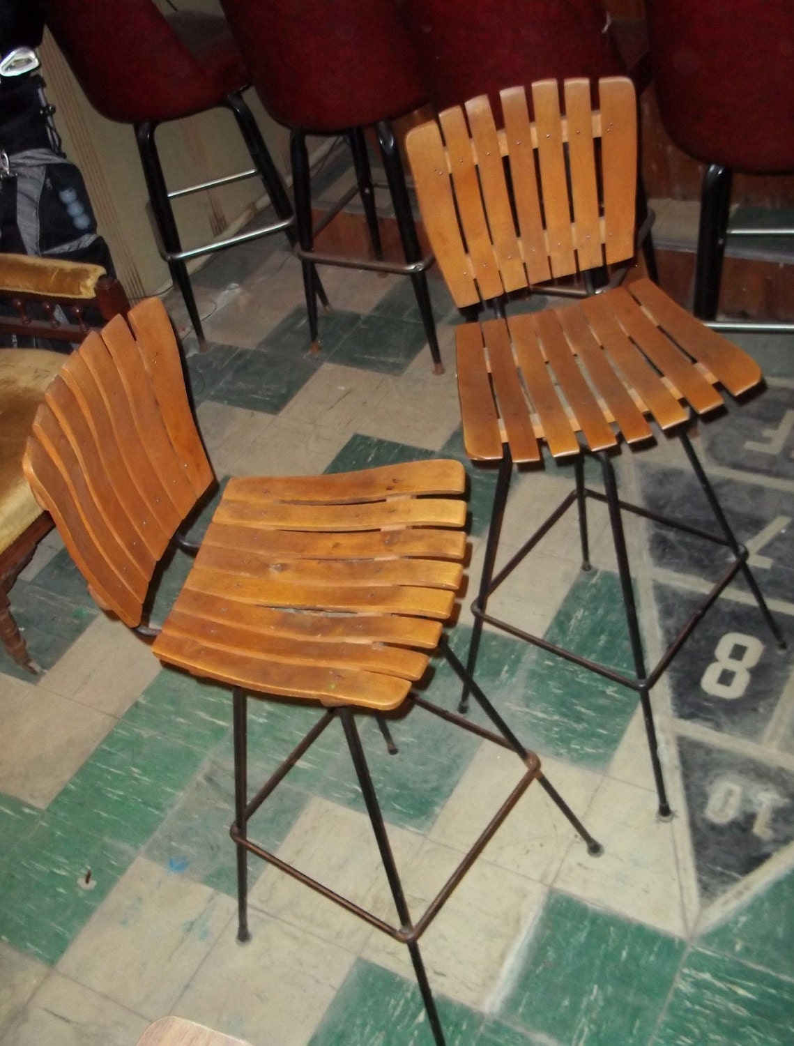 Pair of Vintage Retro Wood Slat Bar Stools Swivel Chairs Original