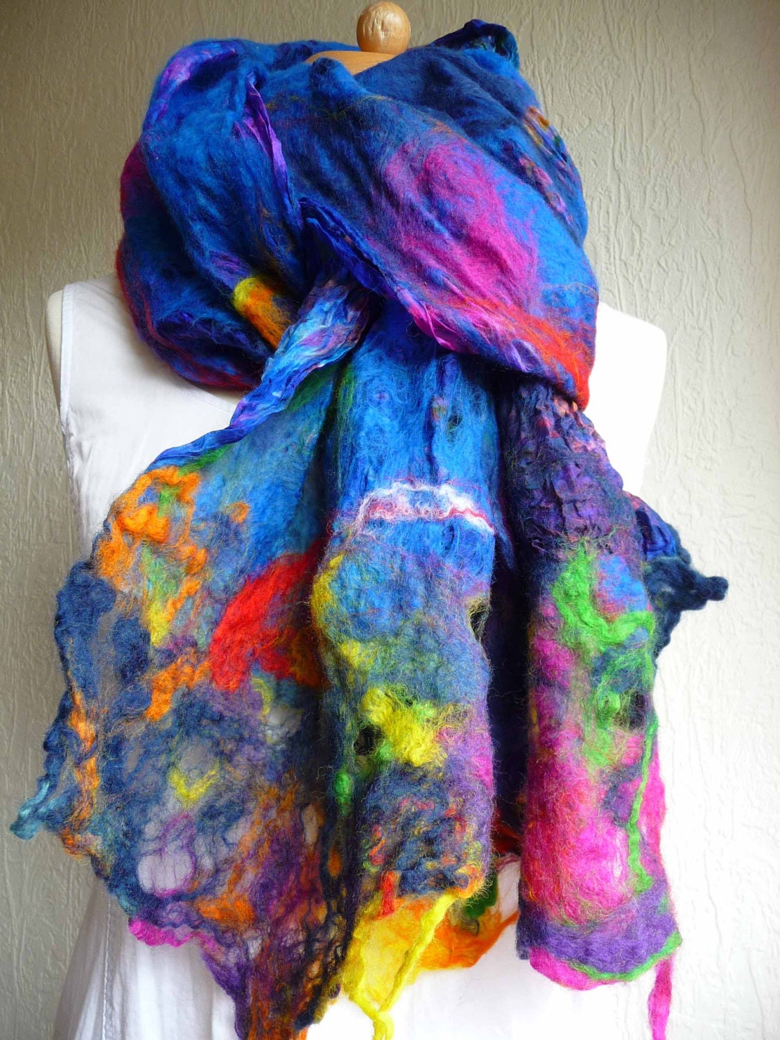 nuno felted scarf, wrap, handmade, silk, felted wool , art to wear, MADE TO ORDER, blue, multi colour