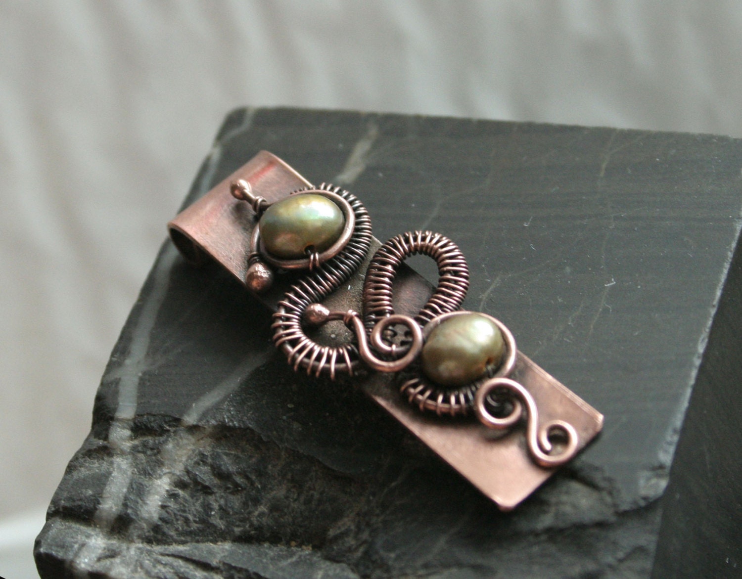 Dragon Snail - copper wire woven pendant with green freshwater pearl beads