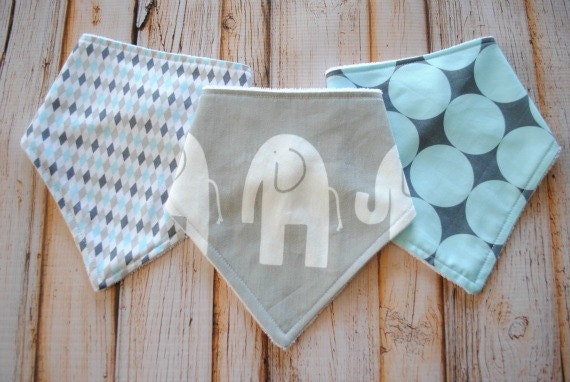 Baby Boy Bandana Bibs- Set of 3 Baby Boy Bandana Bibs- Grey with White Elephant, Mini Harlequin, Seafoam Disco Dot