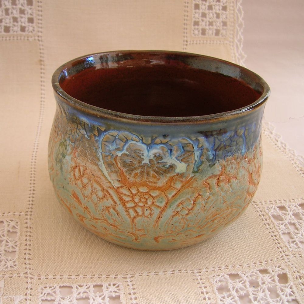 Stoneware Pottery Bowl, Lace Textured