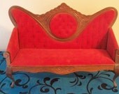 Victorian Sofa Settee Large  Doll Furniture Red Velvet Carved Wood Queen Anne Style Legs