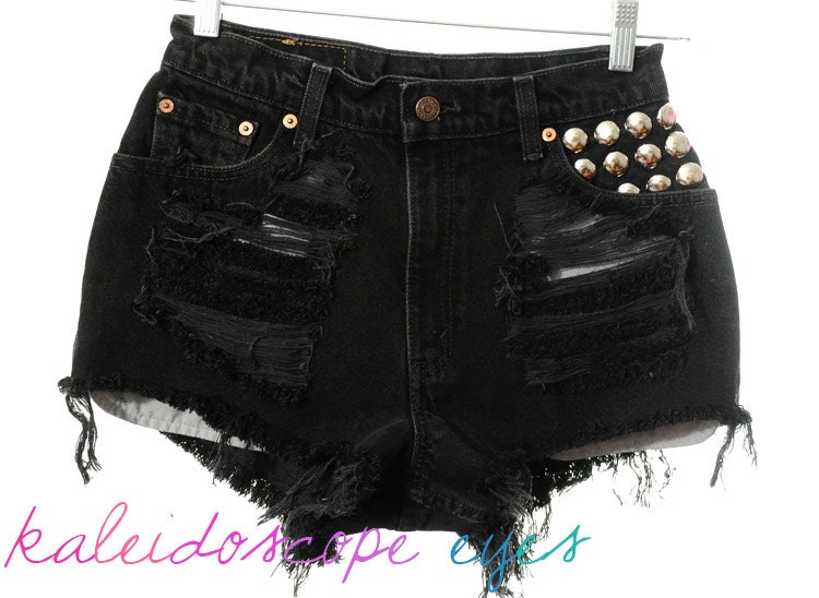 Vintage Levis Black Denim DESTROYED High Waist STUDDED Cut Off  Shorts S