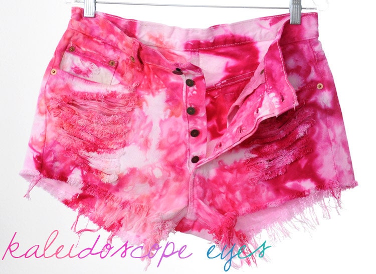 Vintage Levis 501 PINK Colorful MARBLED Dyed Destroyed High Waist Denim Cut Off Shorts L