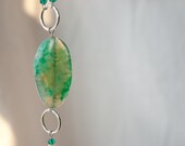 Emerald Green Necklace Set, Earrings, Unique, Tie Necklace, New Jade, Stone, Agate, Emerald Green, Teal, Silver, Metal, Boho, Crystals