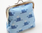 Whale Coin Purse, Handmade Vegan Wallet, Light Blue and Navy
