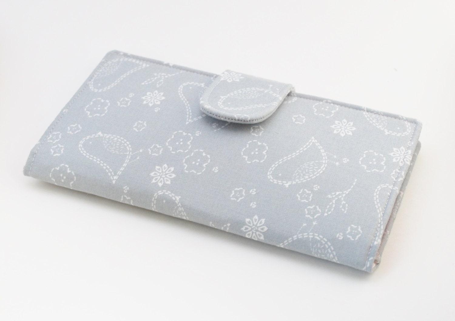 Grey Bird Wallet, Women's Fabric Clutch, Vegan Wallet, Stitchy Bird, Gray, Red, and White