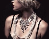 Wedding jewelry, OOAK Bridal bib necklace, vintage inspired pearl necklace, rhinestone Victorian bridal necklace