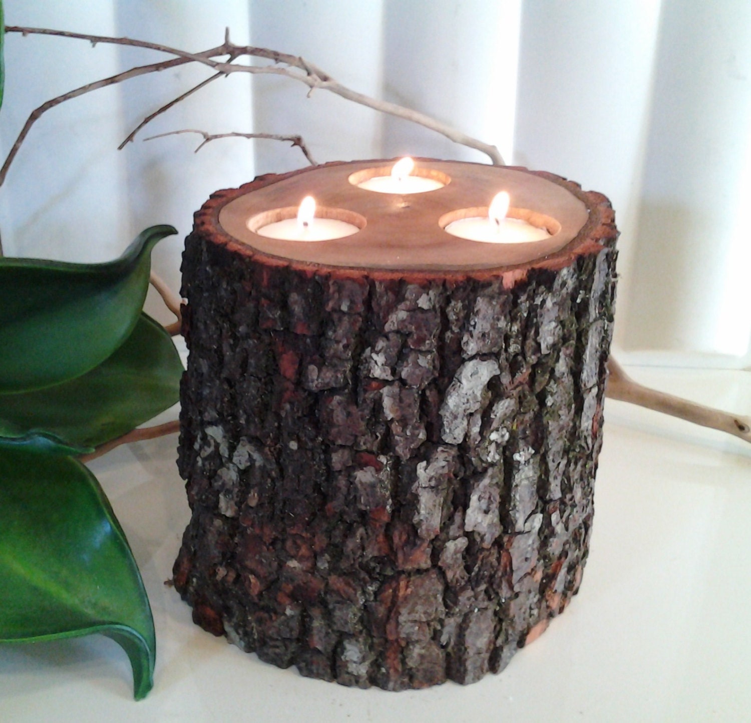 LARGE Solid Mahoghany tree trunk candleholder with 3 tea lights - Unique - One of a kind
