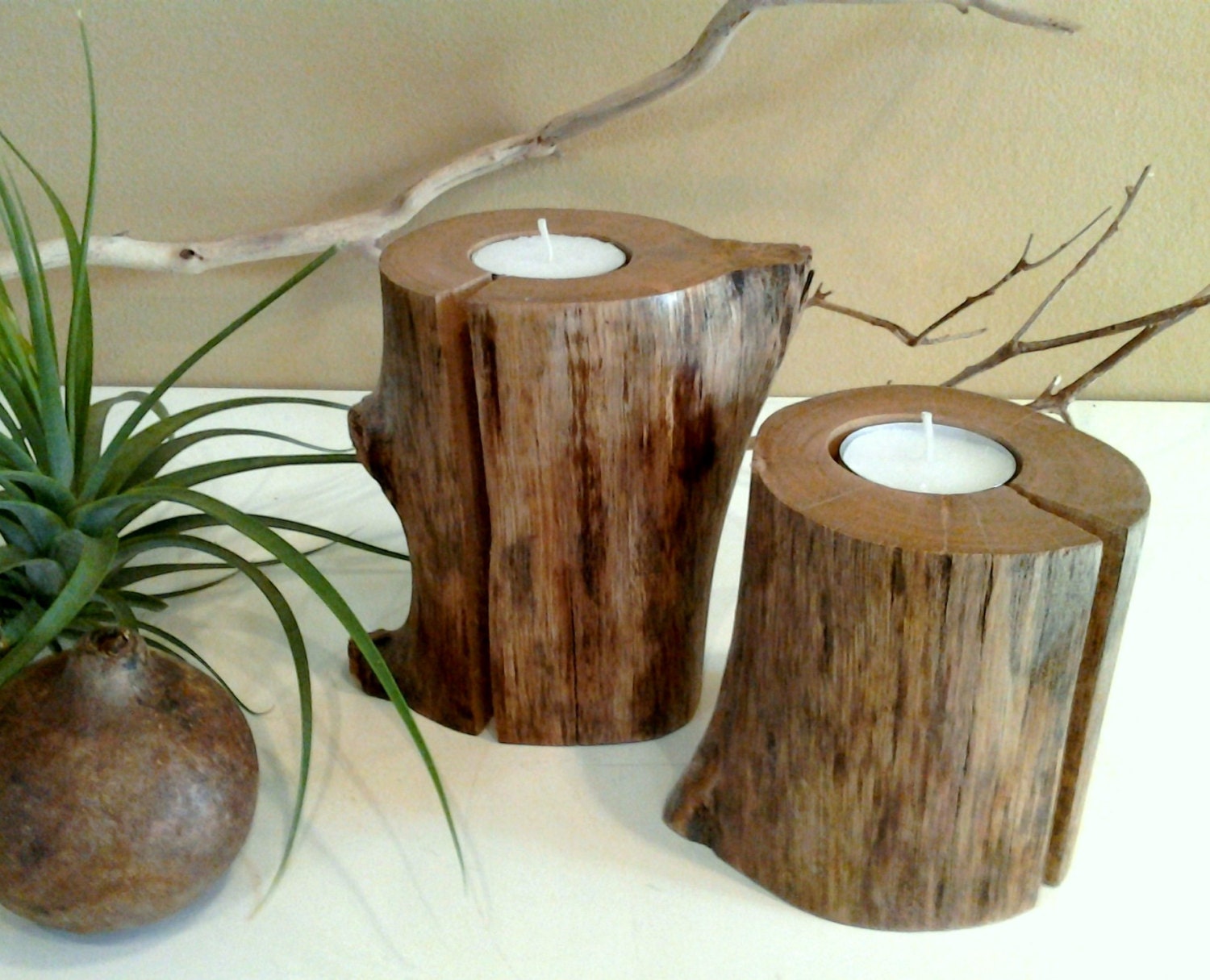 Split Log Natural Oak tree trunk candleholders - (Set of 2) - Rustic decor - Home decor - Candleholders - Cabin decor