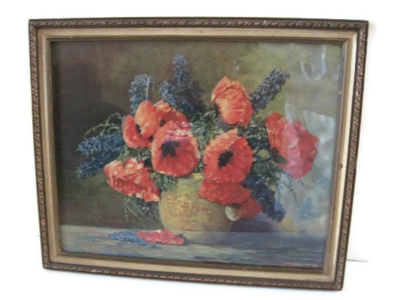 Vintage Frame With Poppy Print, Vintage Frame, Vintage Wood Frame