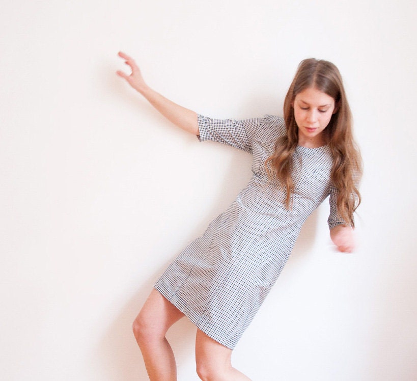 Women's dress in black and white - round neckline and sleeves - Handmade Women's Clothing