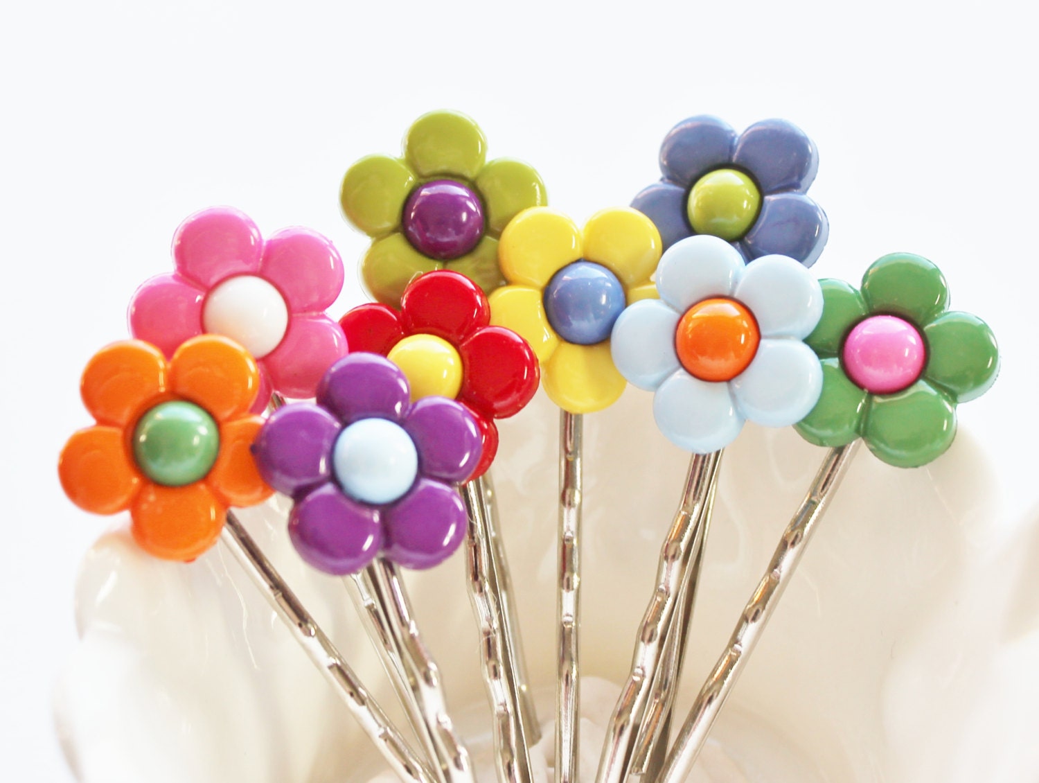 Flower Pin Sampler, Multi-Colored Bright Daisy Hair Clips, Set of Nine, Gift For Her, Spring Summer Bobby Pins, Flower Girl, Rainbow