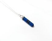 Lapis Lazuli Double Point Necklace // Deep Blue, Gold, Pyrite Flecks, Delicate Sterling Silver Chain, Summer Fashion