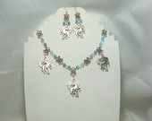 Tibetan silver unicorn, green fluorite and Swarovski crystal necklace and earring set