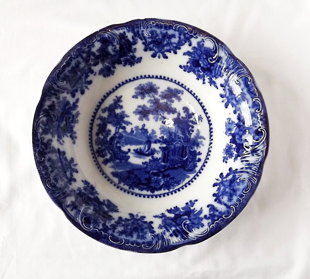 Antique English flow blue bowl, blue and white transferware, Fairy Villas by W Adams & Co.