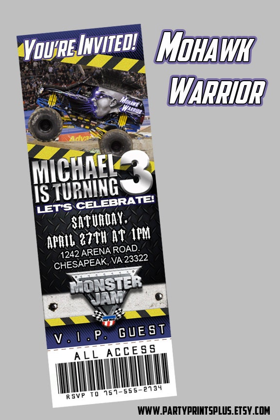 Monster Jam Truck Theme Personalized Birthday Party Ticket Invitations self print.