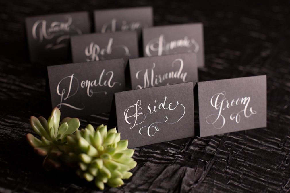 Place Cards - Calligraphy - Hand Lettering for weddings & events - White Calligraphy on Black
