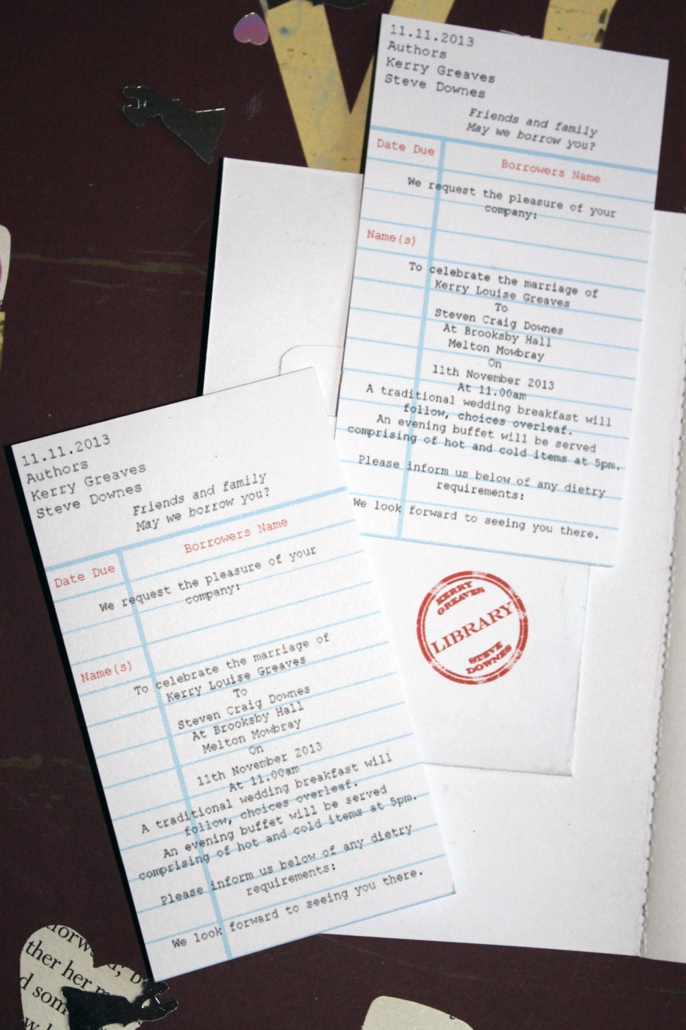 Library Card Wedding Invitation Set Printed