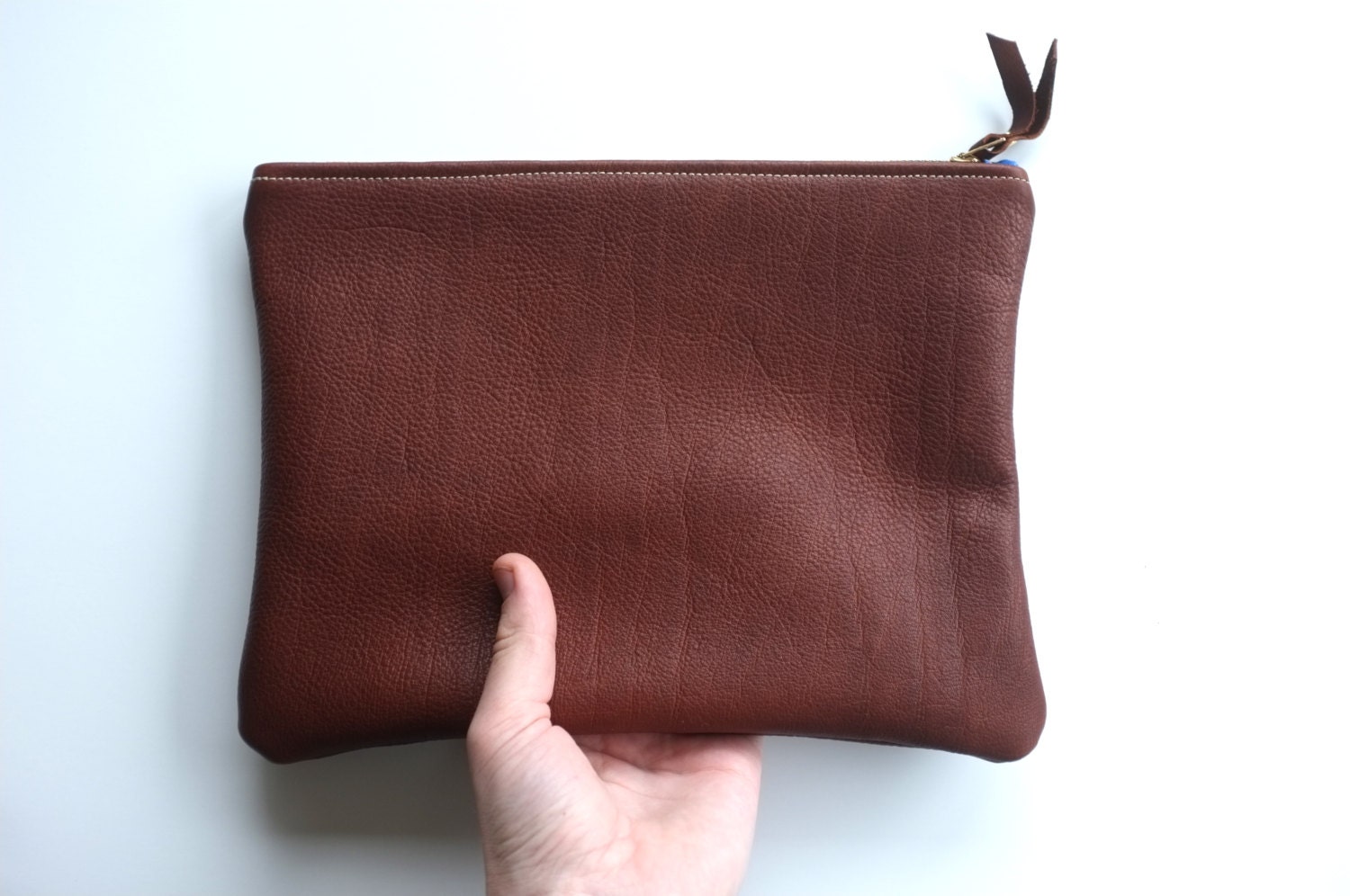 Leather Zip Clutch // Lined with Striped Cotton