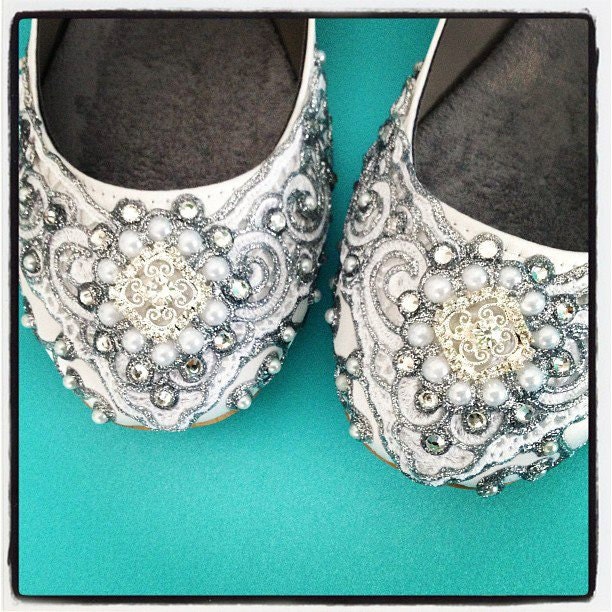 Marrakesh Lace Bridal Ballet Flats Wedding Shoes - All Full Sizes - Pick your own shoe color and crystal color