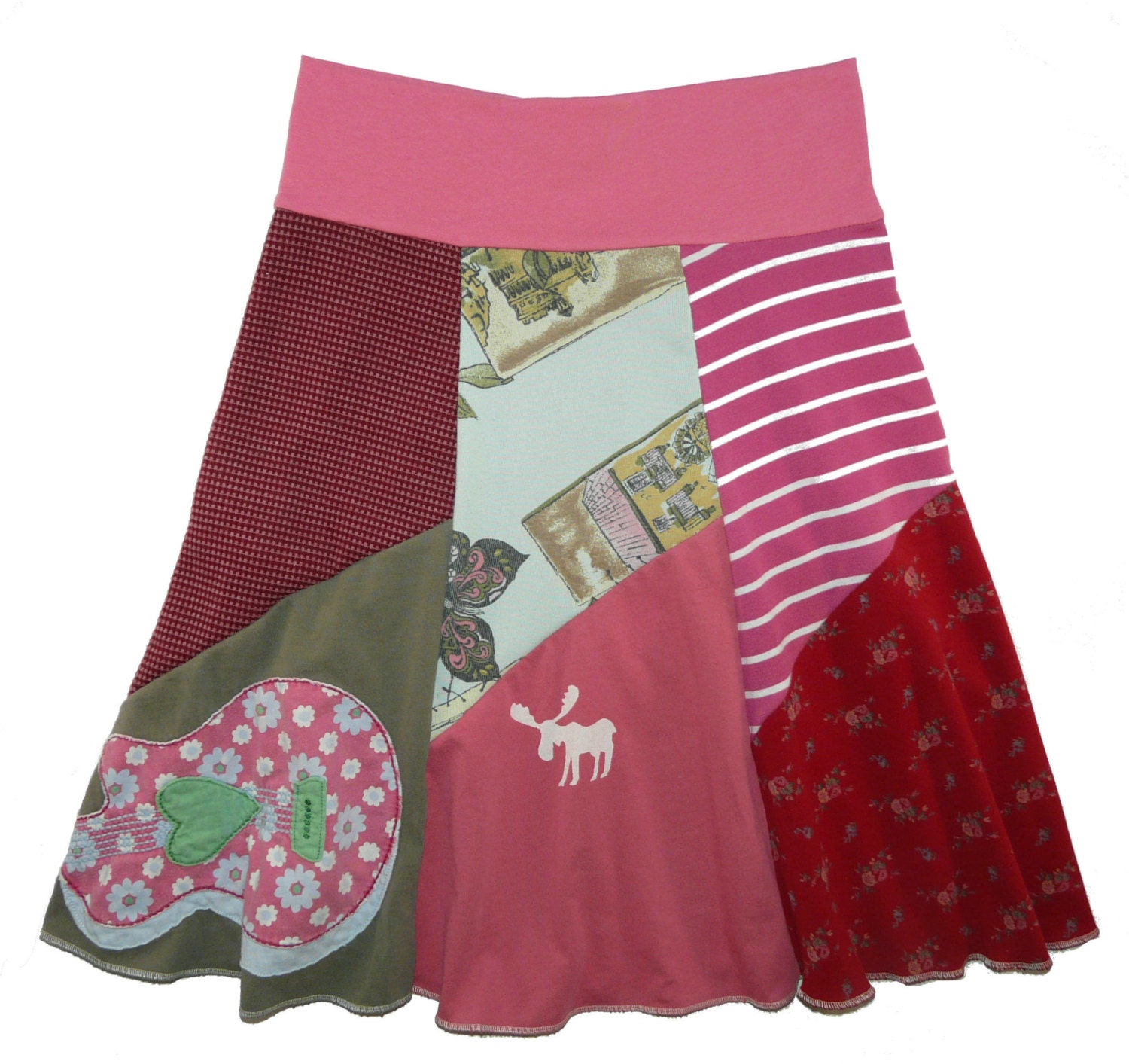 Moose and Guitar Boho Chic Hippie Skirt Women's Small Medium upcycled t-shirt clothing from Twinkle