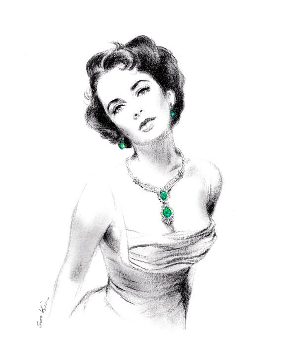 Elizabeth Taylor Wearing Emerald Jewels -  Print of Original drawing - sookimstudio