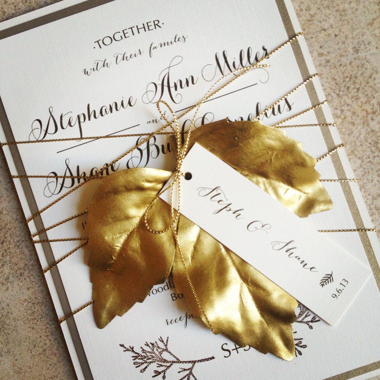 Fall Wedding Invitations - FALL in LOVE - Ivory and gold with gold leaf and ombré RSVP card wedding invitation