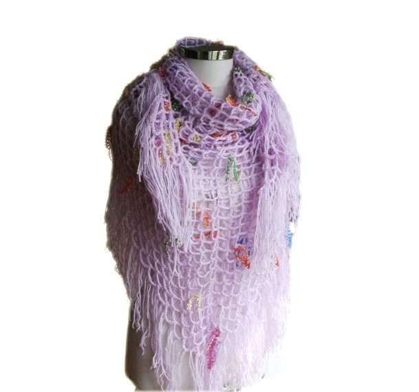 Fishnet Shawl in Lilac with Fringes - Fall Spring Summer Fashion - Women Accessories - Wrap -  Gift for Mother