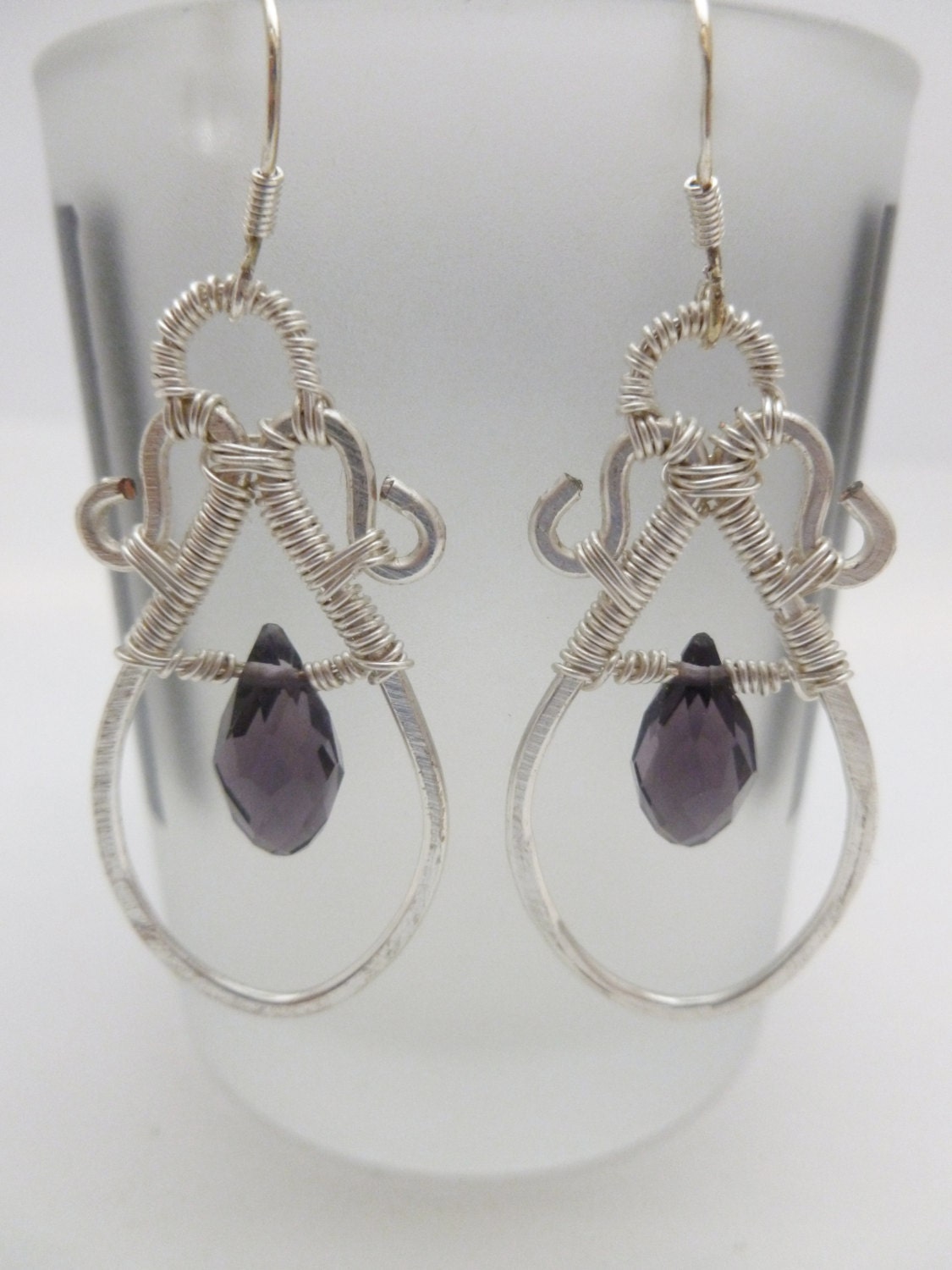 Silver Wire Wrapped Purple Swarovski Crystal earrings, nickel free, silver earrings, hand hammered, hand wrapped.