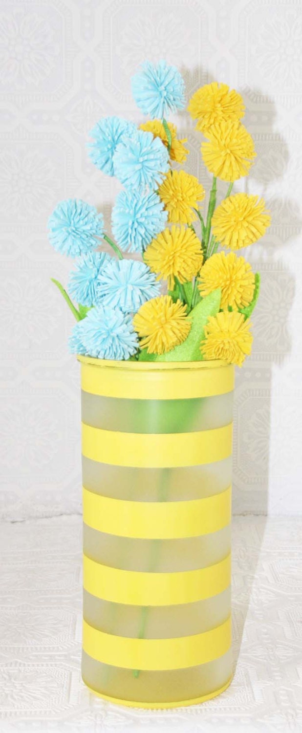One Large Yellow striped Hand Painted Glass Vase