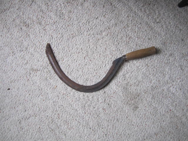 Vintage Sickle / Scythe with wooden handle. Primitive home decor.