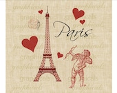Paris Eiffel Tower Valentine cupid hearts Digital download iron on fabric transfer to fabric paper burlap tote bags pillows No. 458
