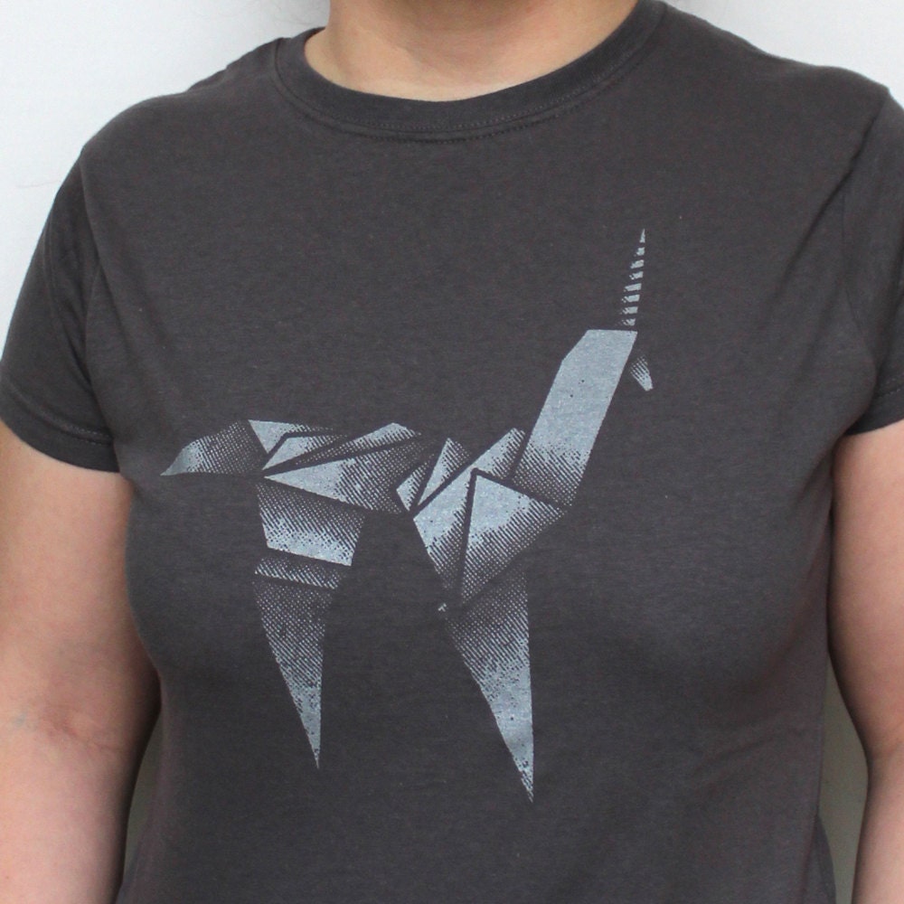 Origami Unicorn T-Shirt Ladies, inspired by Blade Runner, Silver Screenprint, sizes S, M, L, XL