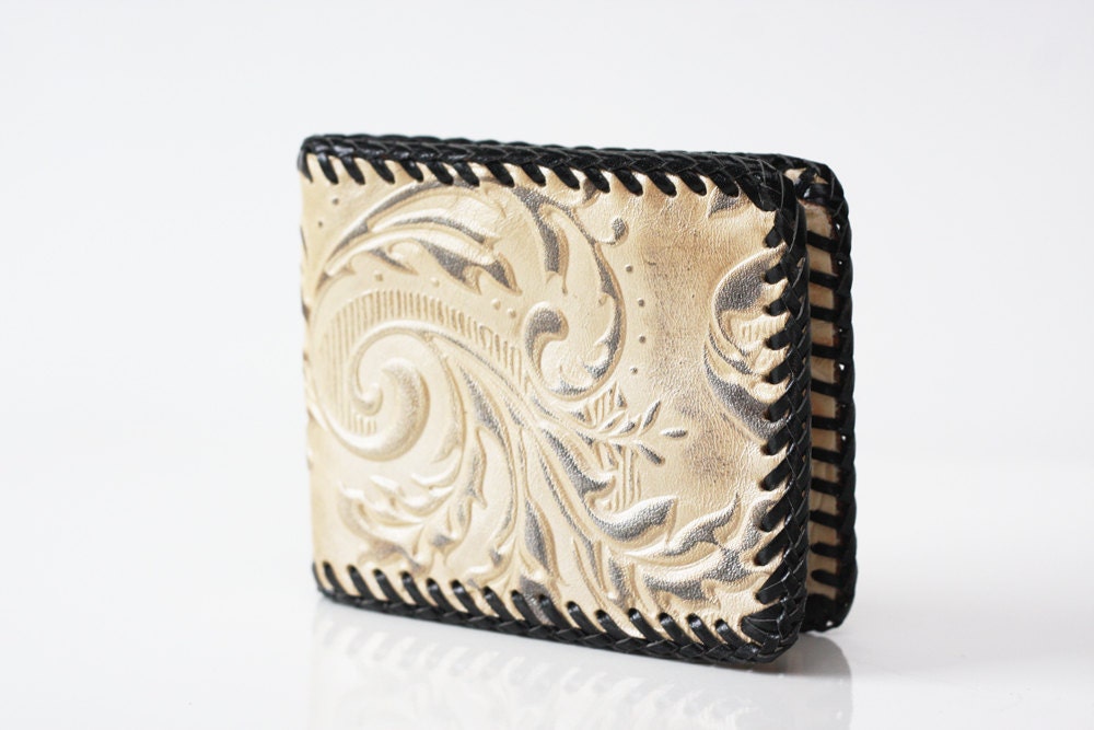 Handmade Pearl Shimmer Floral Embossed Leather Hand Laced Billfold Wallet